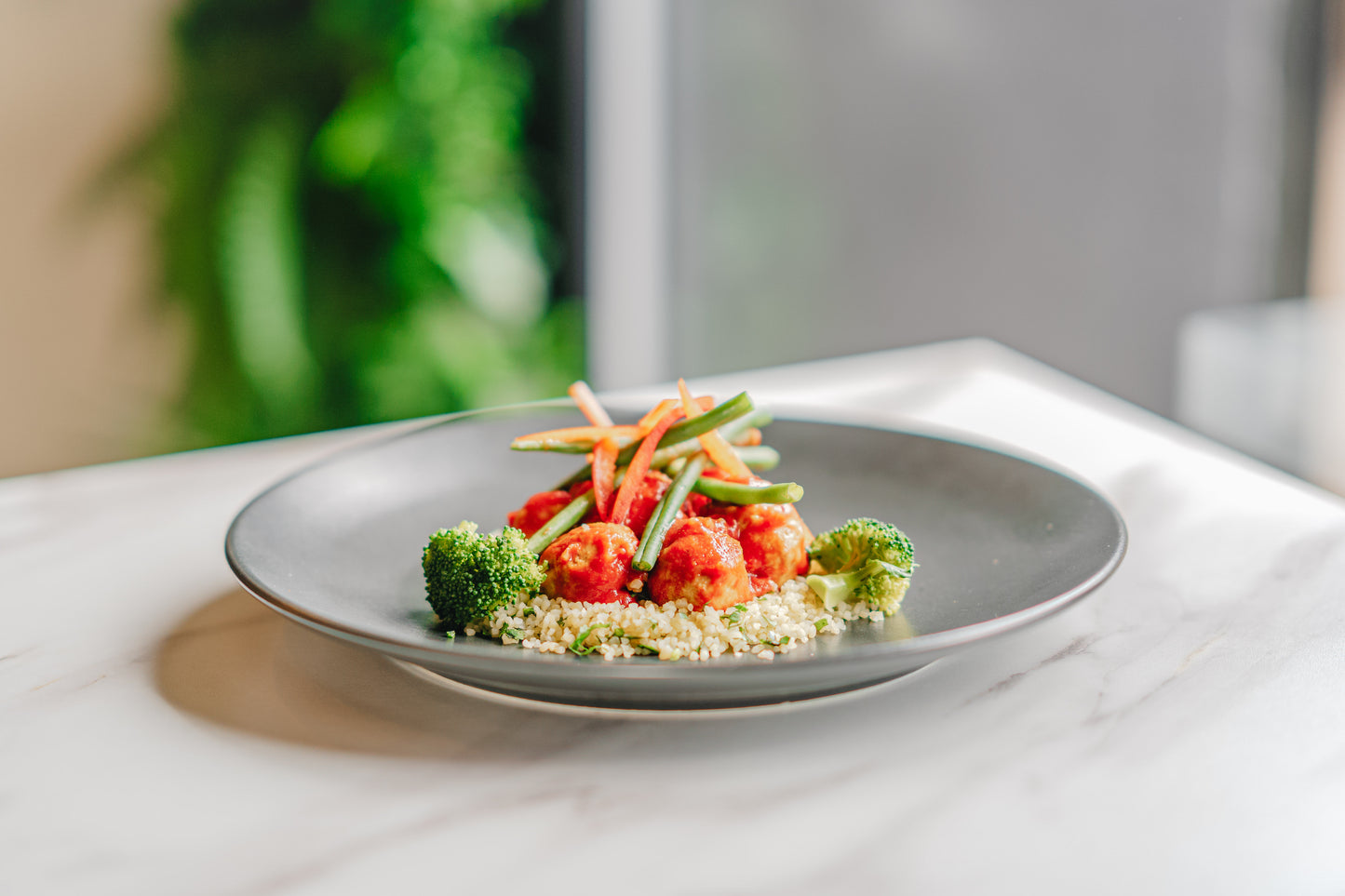 Lean Beef Meatballs in Spicy Tomato Sauce, Bulgur Wheat and Seasonal Greens - Frozen