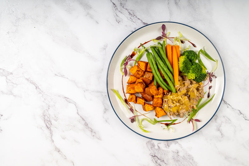 Honey Mustard Pulled Pork with Roasted Sweet Potato & Veg