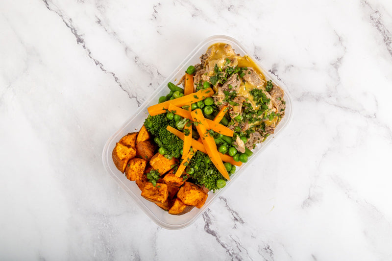 Honey Mustard Pulled Pork with Roasted Sweet Potato & Veg