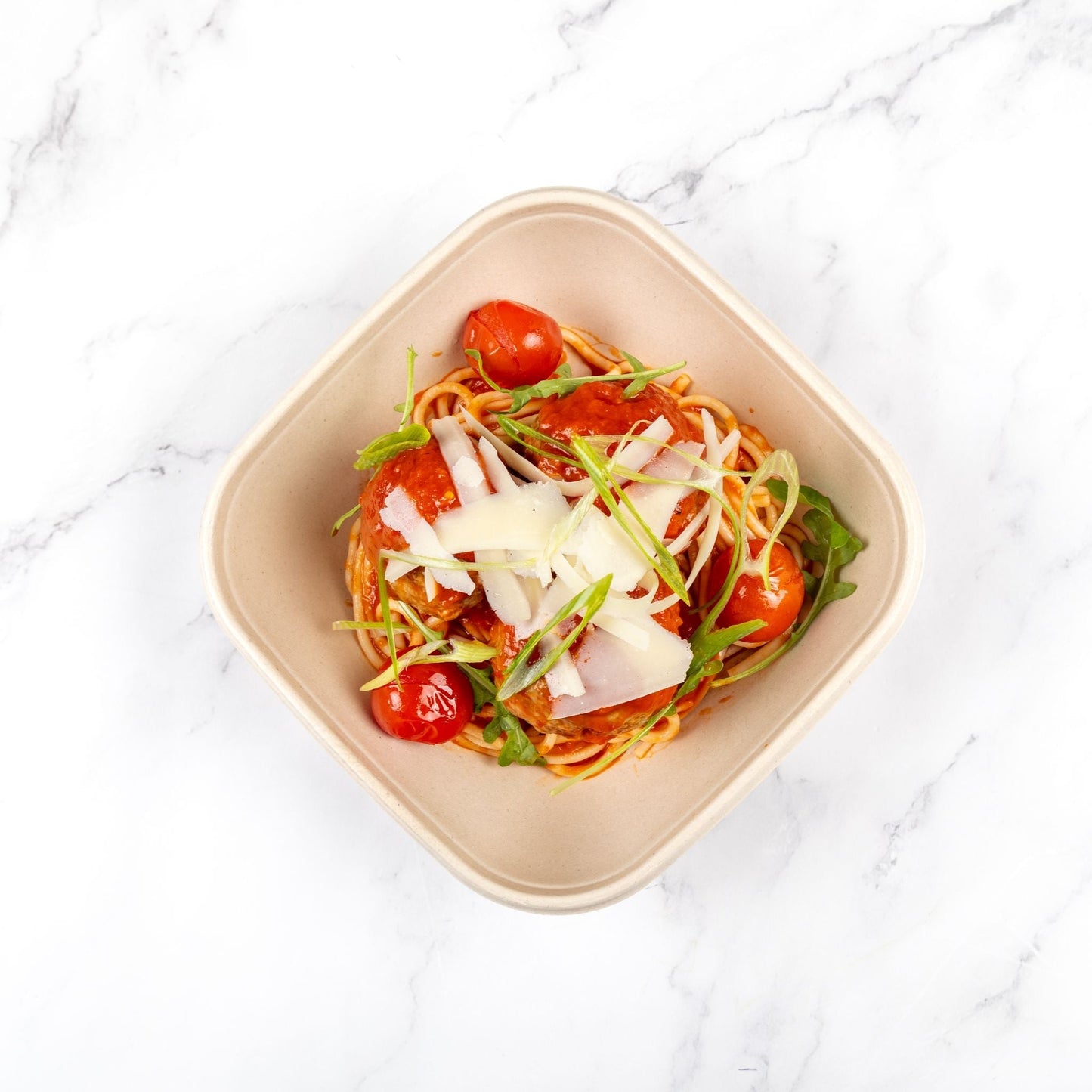 Italian giant beef meatballs in spicy tomato sauce with spaghetti